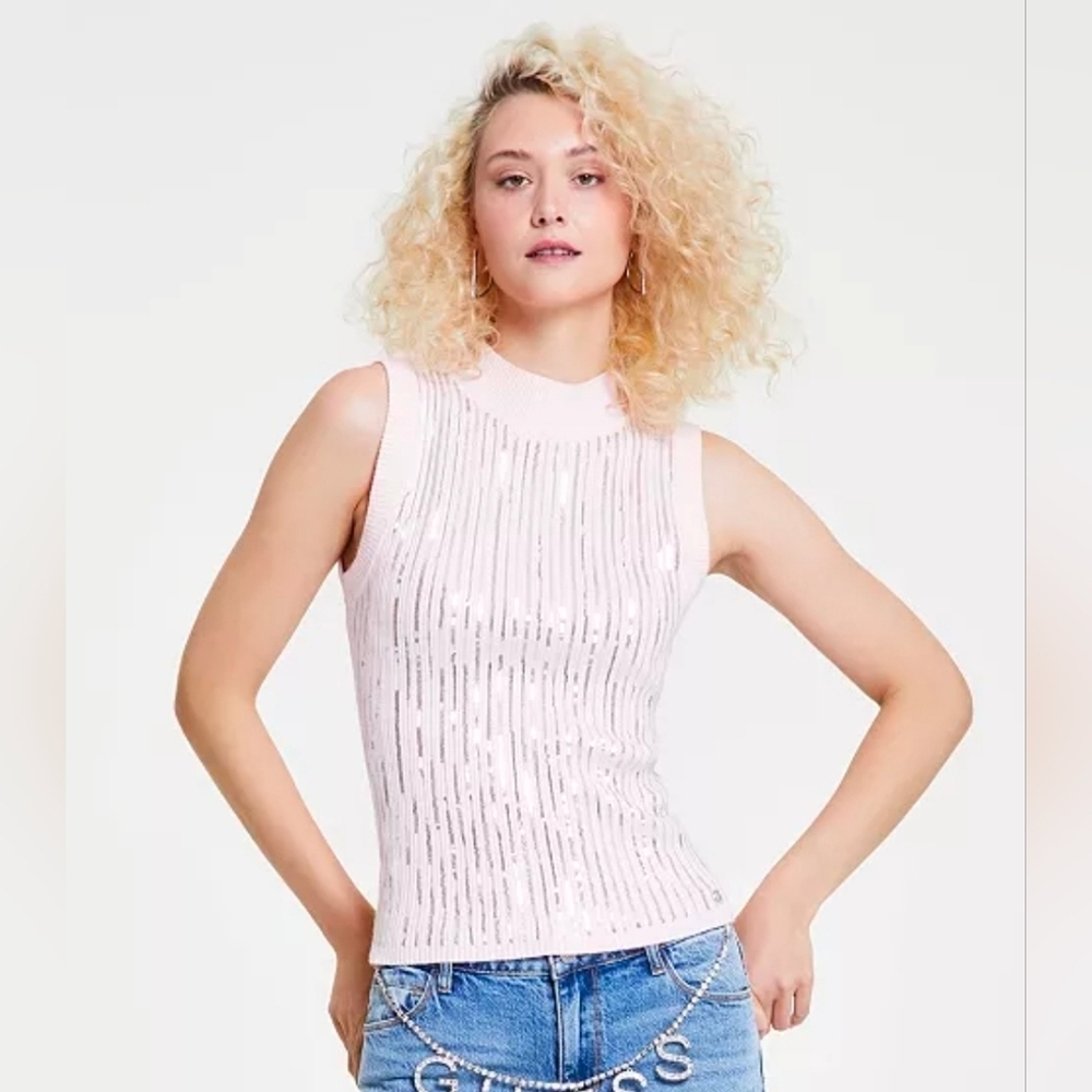 Nwt Guess Sleeveless Sequin Top Sweater Light Pink XS